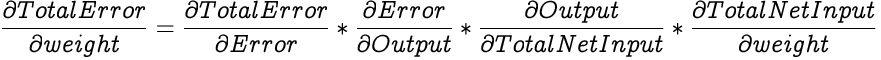 image illustrating an equation for applying chain rule on partial differential of error with respect to weight