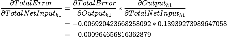 image illustrating an equation for partial differential of total error with respect to total net input of h1